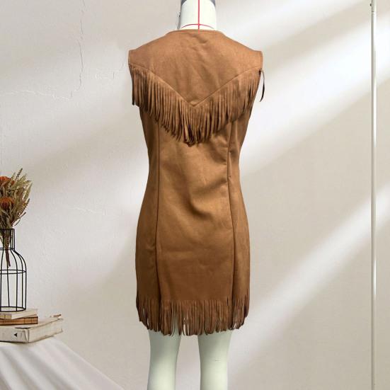 Kadın Sahte Deri Püsküllü Kovboy Elbisesi Boho Yarım Fermuarlı V Yaka A Kesim Askılı Mini Elbise Vintage Püsküllü Kolsuz Mini Elbise