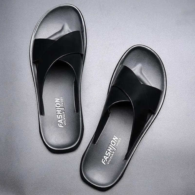 Genuine Leather Men's Slippers Non-Slip Anti-Odor Beach Shoes Size 45 Comfortable Soft Sole Casual Slides