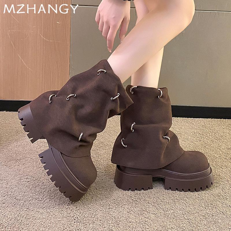 Fashion Women Suede Platform Ankle Boots Winter Mid Heels Shoes Woman 2025 Trend Designer New Snow Dress Motorcycle Boots Mujer Botas