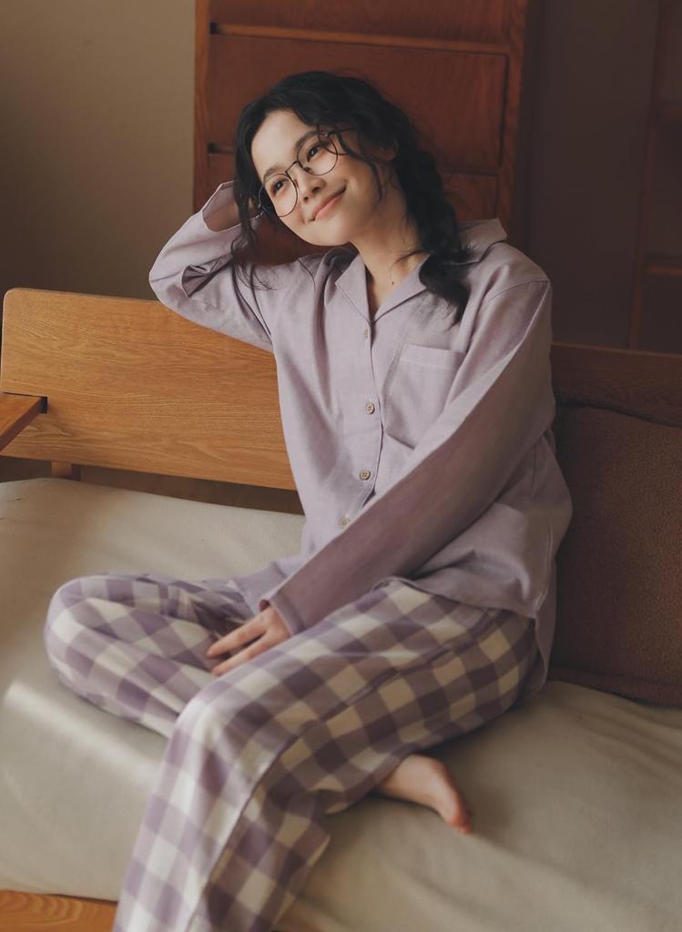 Euyqs Cotton Double Gauze Pair Light Purple Women's Pajamas, Loungewear, (JP, Alphabet, 2XL, Check)