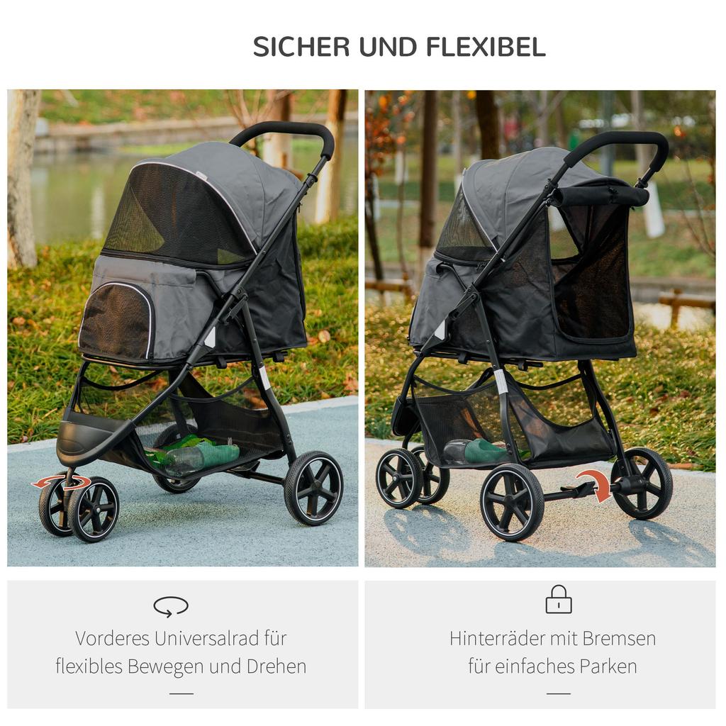 Dog Buggy Pet Stroller, Foldable, Rain Cover, 2 Safety Leashes, 83cm x 55cm x 101cm, Gray + Black