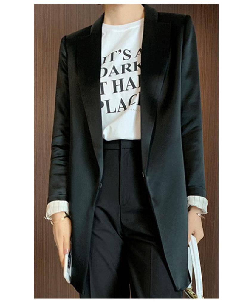 Women's Slim Black Suit with Unique Design - Imported Fabric, Mid-Length Autumn Jacket, Slim Fit.