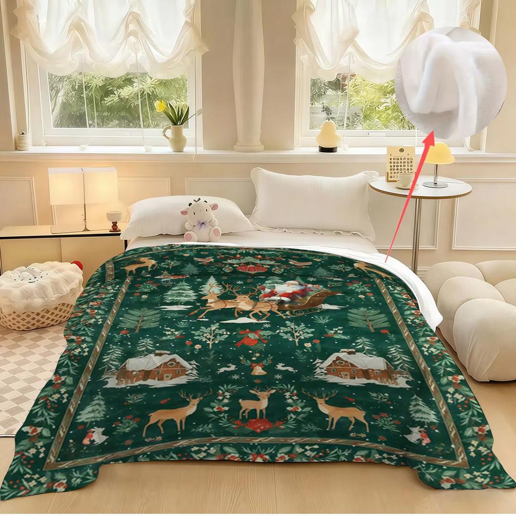 Santa & Reindeer Flannel Blanket - Festive Green Printed Throw for Soft Cozy Comfort On Sofa and Nap Time