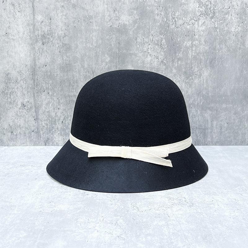 Französischer Retro Face Kleiner Hepburn-Stil Temperament Schleife Elegant Eimerhut Damen Kuppel Wollzylinder