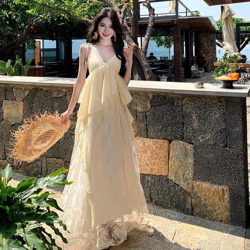 New Cinderella Romantic Heavy Industry Embroidery Suspender Long Dress Collar Lace Splicing Travel Vacation Long Dress