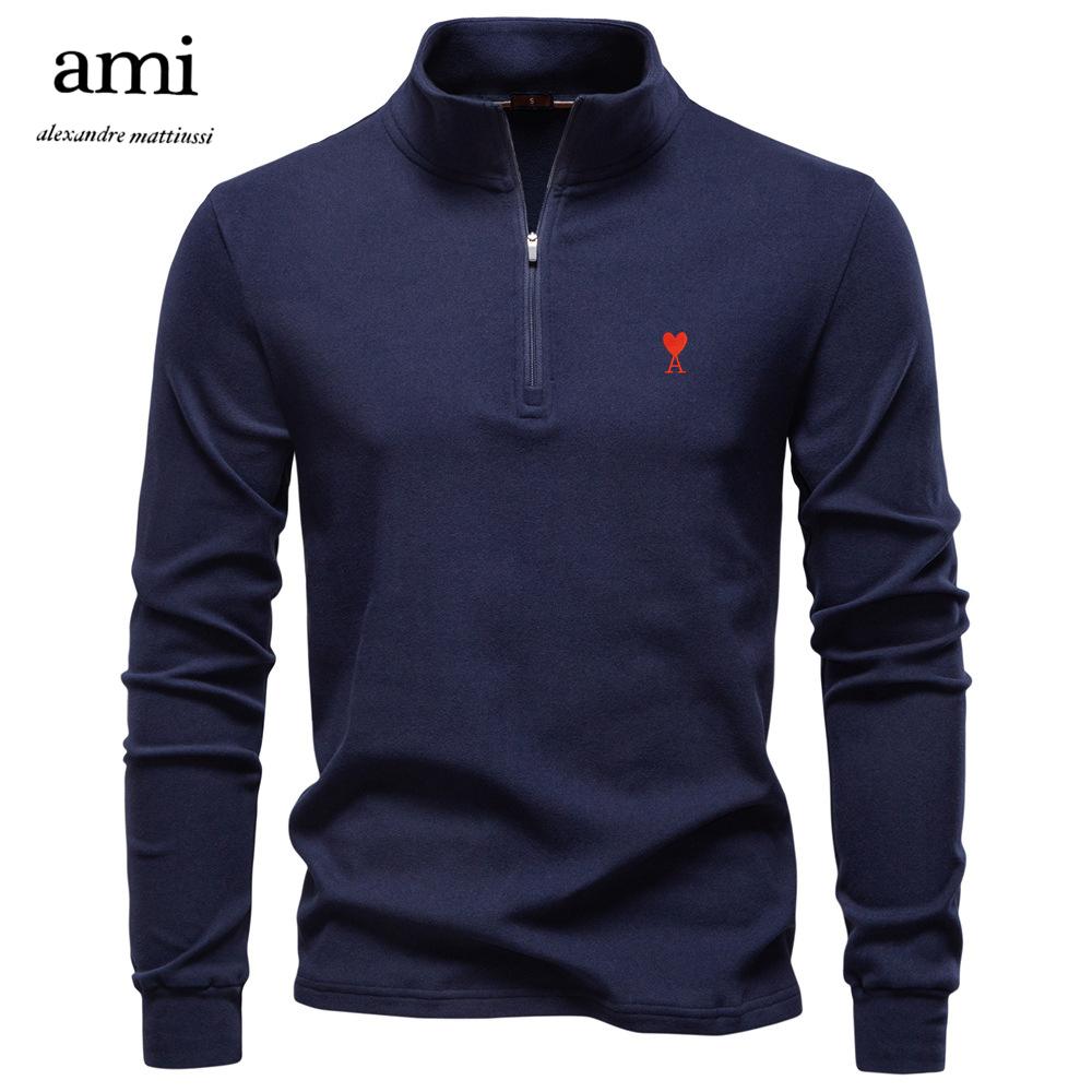 

AMI 2025 Осень/Зима Вышитый Новый Большой Мужской Стойка Воротник Половина Молнии Длинный Рукав Немецкий Вельвет Теплый Базовый Свитер M