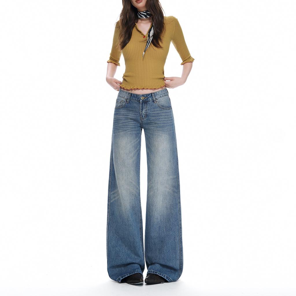 American retro washed old design wide-leg jeans women's autumn medium and low waist American loose straight pants