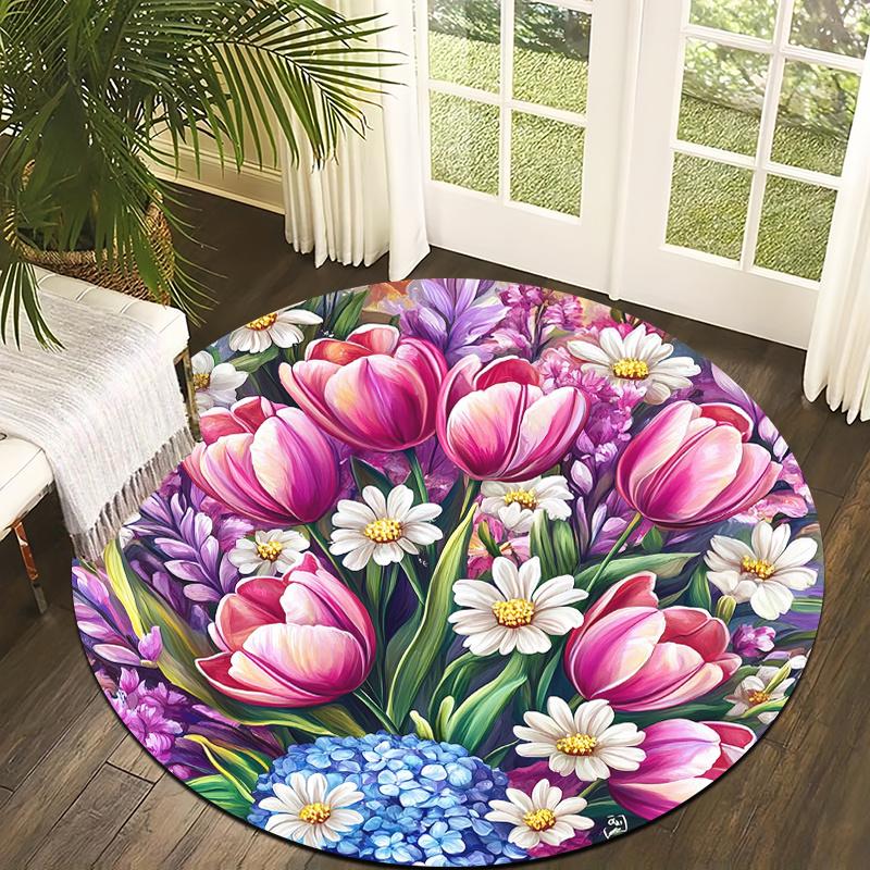 Floral luxury style Flannel-printed round floor mats are slip-resistant Suitable for living room bedroom terrace garden carpets