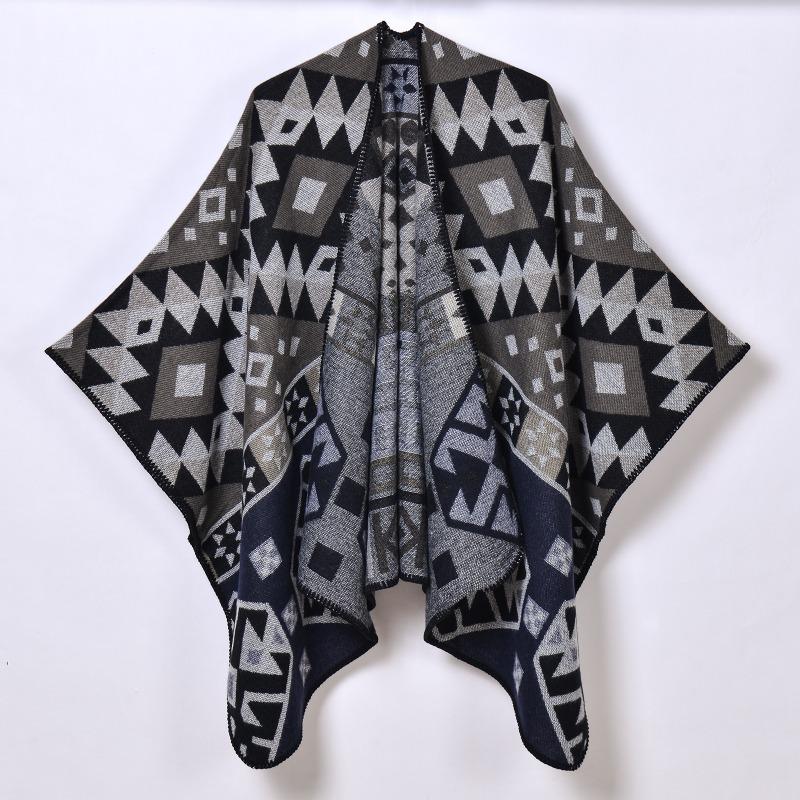 New Autumn and Winter Retro Women's Scarf Geometric Rhombus Thickened Warm Imitation Cashmere Split Shawl Cape