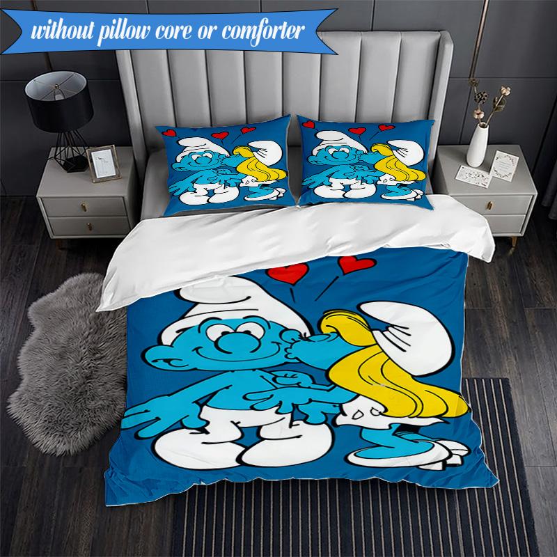 3PCS Blue Smur-f Characters Bedding Set,Including 1pc Duvet Cover And 2pcs Pillowcases Perfect for Bedroom, Dormitory, Fan Christmas gift