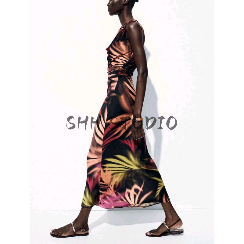 Summer New Product Women's Clothes French Pleated Draped Collar Sleeveless Gold Inlay Print Midi Skirt Dress 7963361