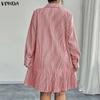 VONDA Elegant Women Lapel Neck Long Sleeve Striped Ruffled Casual Shirts Dress