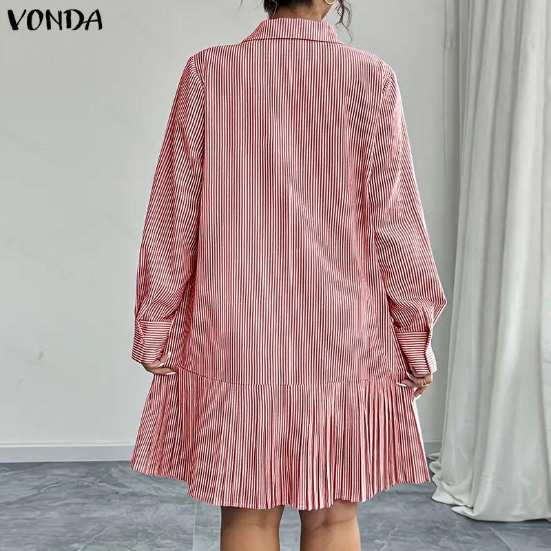 VONDA Elegant Women Lapel Neck Long Sleeve Striped Ruffled Casual Shirts Dress