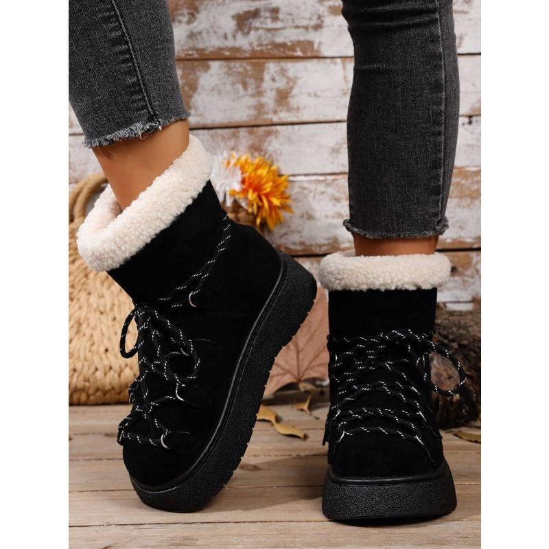Women's Plus Size Lace Up Platform Snow Boots Winter New Short Ankle Warm Fleece Lined Cotton Boots