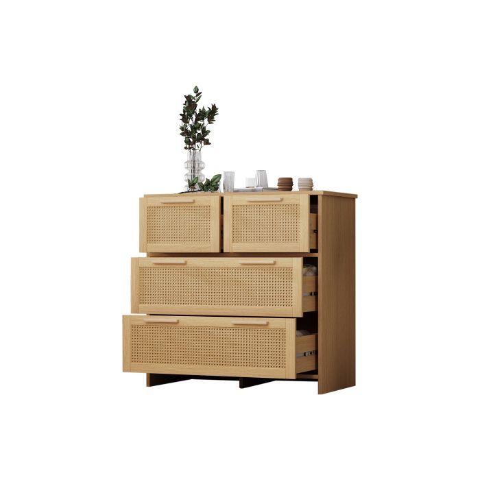 Armoire En Rotin De Haute Qualité À 4 Tiroirs Avec Poignées En Bois Massif Dimensions L80/H80/T38 Cm