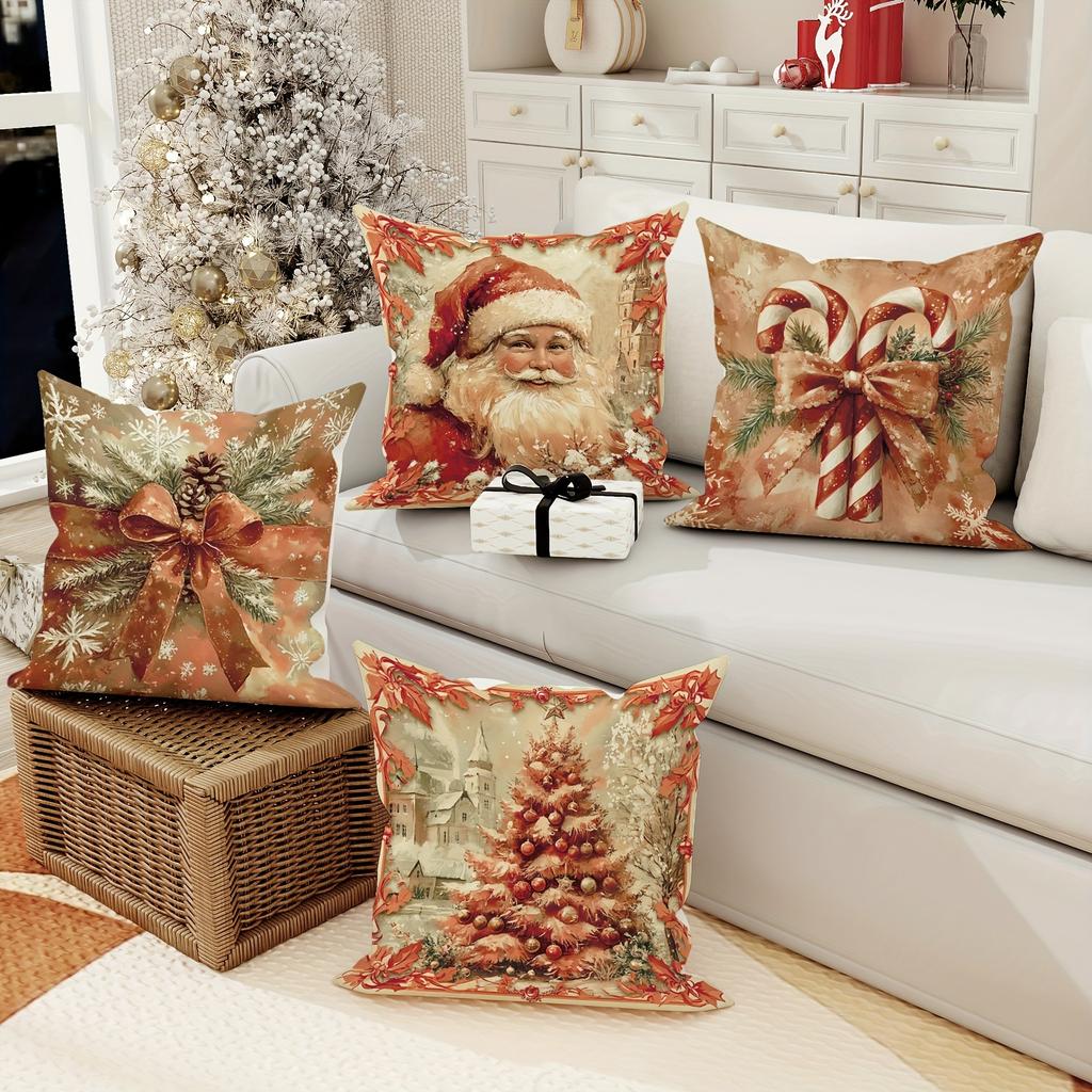 Christmas Day Party Decoration Pillowcase Santa Claus Christmas Tree Bow Pattern Suitable for Home Room Sofa Cushion Cover