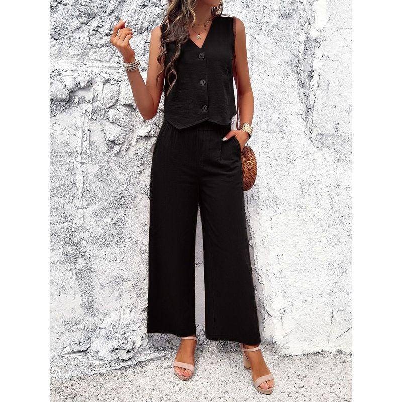 Casual V-neck Vest Long Pants Set Pure Color Casual V-neck Vest Pants Suit