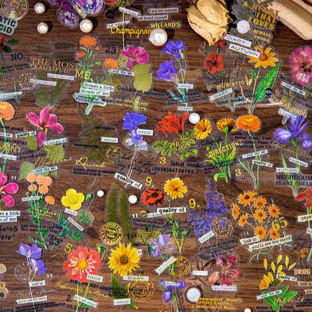 10 Sheets Transparent Flower Sticker PET Vintage Craft Sticker for Notebook Handbook Decoration