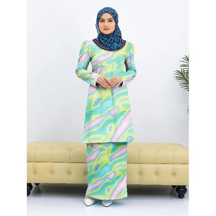 Summer New Irregular Graphic Gradient Print Fashion Long Gradient Modern Kulang Pahang Ladies Casual Muslim Suit Comfortable Ladies Two Piece Suit