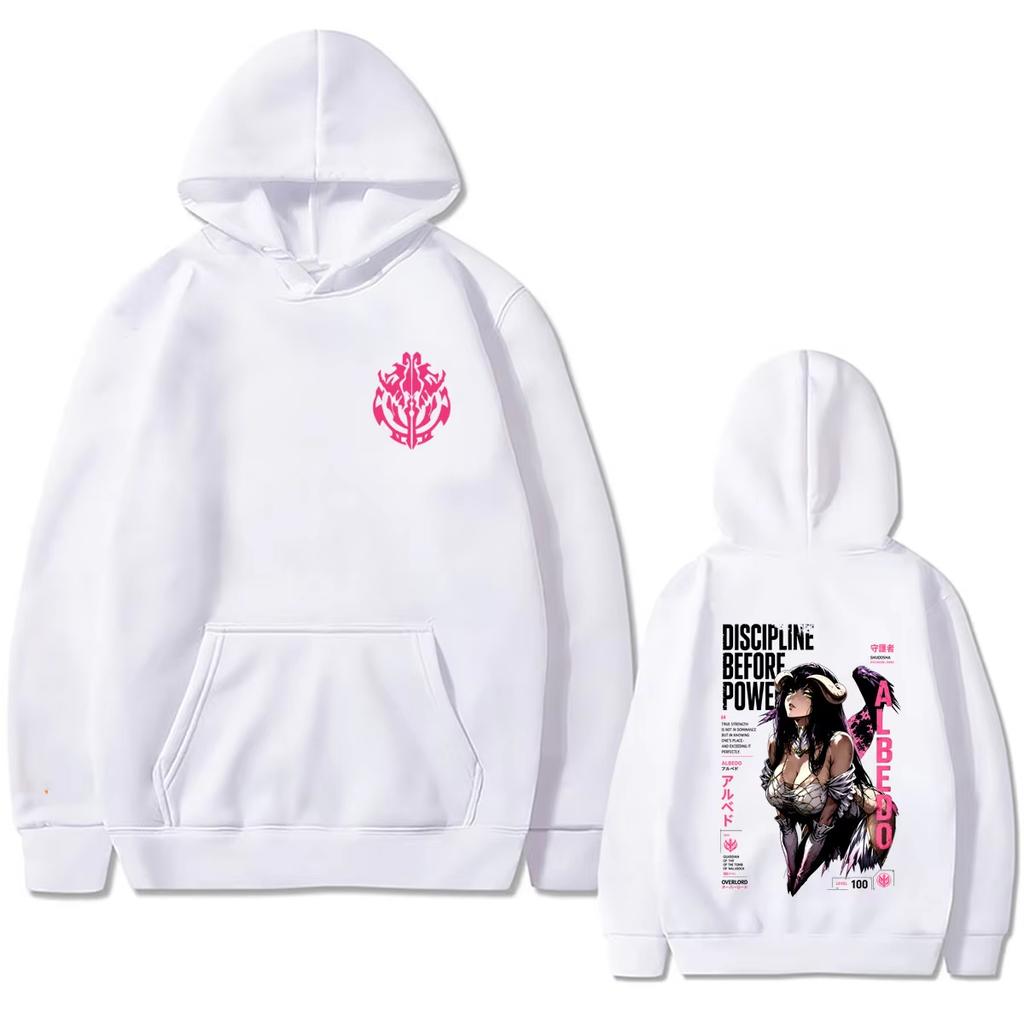 Anime Overlord Albedo "Discipline Before Power" Graphic Hoodie, Unisex Cartoon Manga Harajuku Sweatshirt, Men's Fashion Streetwear