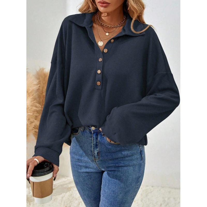 Autumn Winter Turn Down Collar Casual Fashion Sweatshirt Women Solid Color All-match Buttons Pullover Top