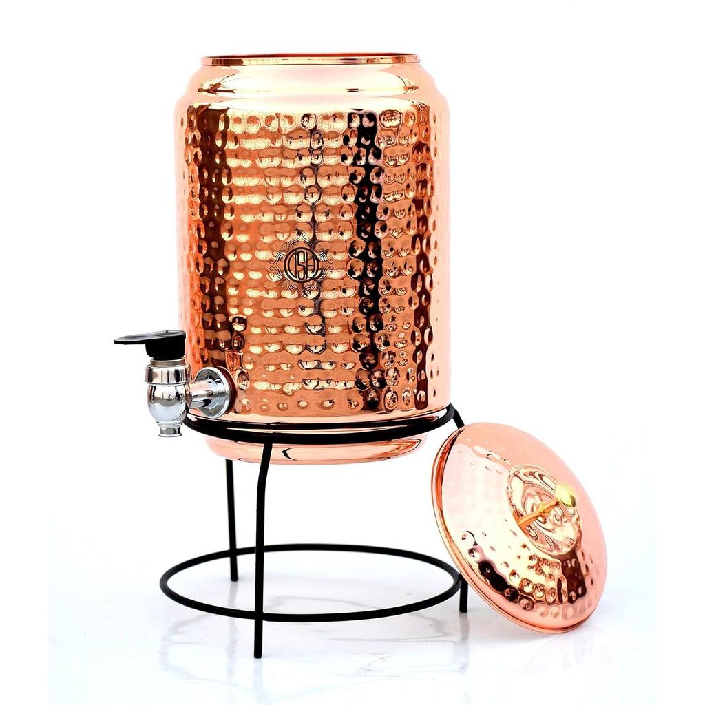Kopparvattenbehållare/Matka 5 liter Läckagesäker behållare med 100% ren koppar med stativ och bägare, Fogfri med hälsofördelar