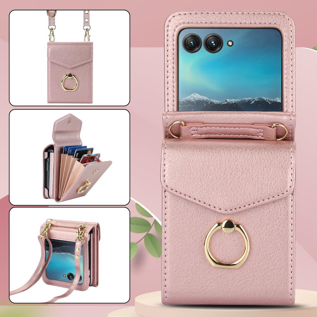 Crossbody Cards Solt Wallet Leather Ring Holder Case For Motorola Razr 50 Ultra Razr50 40 Long Lanyard Pocket Bag RFID Cover