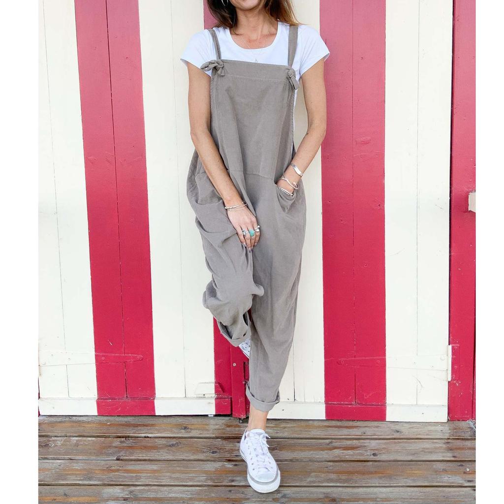 Women's Loose High Waist Pocket Fashion Color Cotton Linen Suspender Jumpsuit