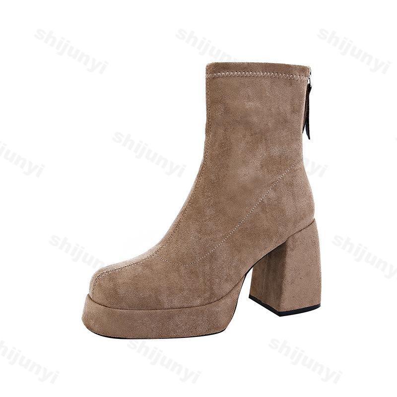 Fashion Women's Fashion Retro Suede Thick Soled High-heeled Boots 2025 Autumn New Back Zipper Design Comfortable Square Head Ankle Boots