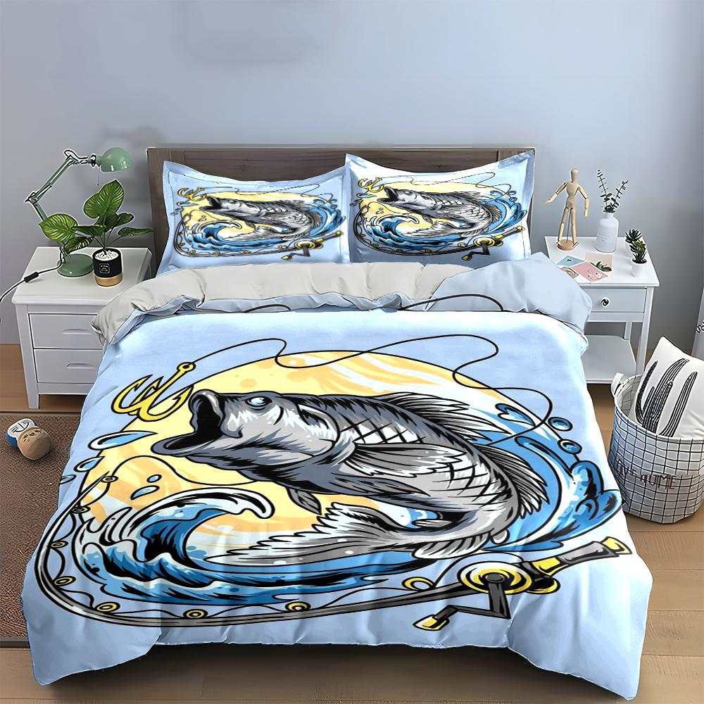 Jumping Fish with Fishing Rod Design Bedding Set (1 duvet cover, 2 pillowcases, duvet not included) sofas