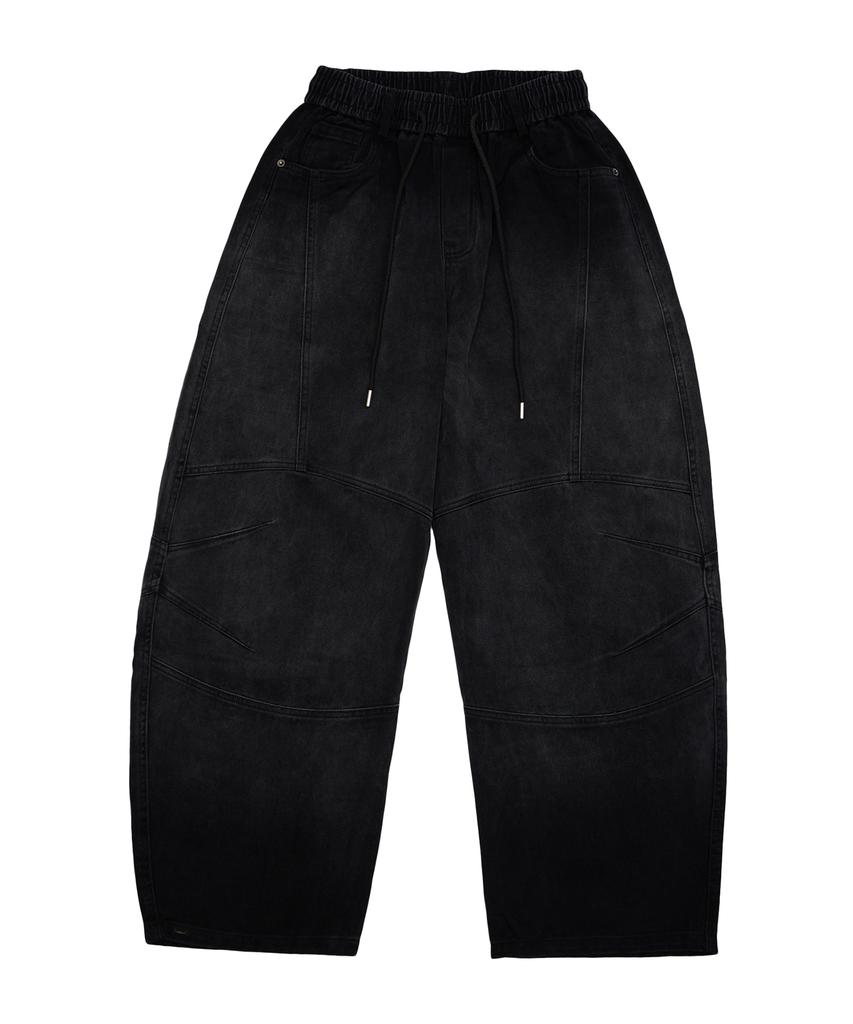 DOUBLE JD Dirty Wash Double Pleated Curved Denim Pants (Black)