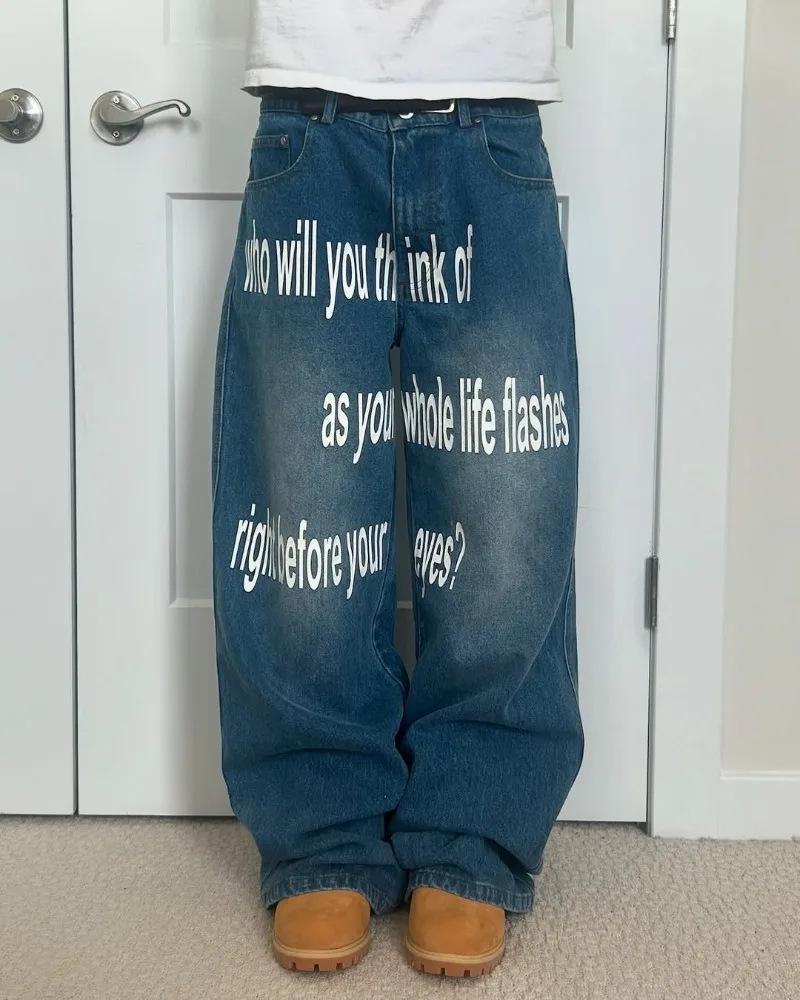 Pantalones vaqueros anchos para hombre con estampado de letras retro americano y lavado