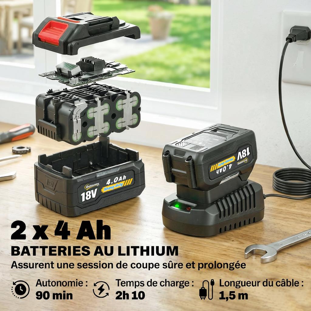 Cordless Grass Trimmer, 18V, 2 x 4.0 Ah Batteries, Charger, Silver