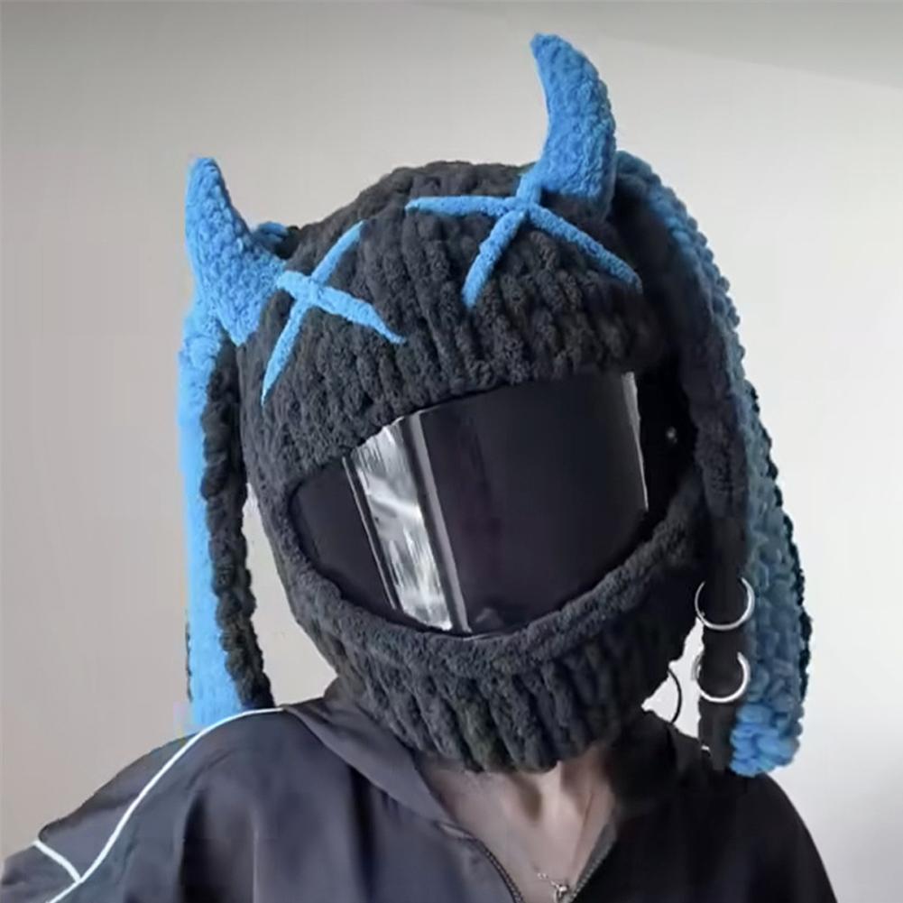 Winter Motorcycle Helmet Headgear Cover Trendy Devil's Horns Creative Cartoon Knitted Motocross Full-Face Protective Helmet Case