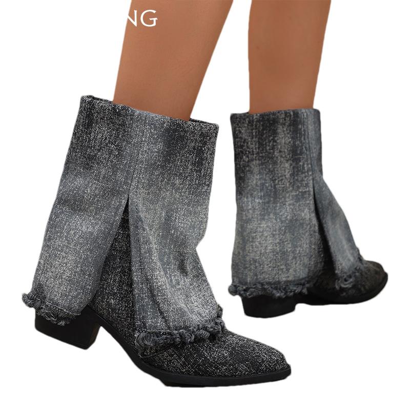 Cowboy Chunky Women Ankle Boots Pointed Toe Designer Mid Heels Shoes 2025 Trend Winter Fashion New Pumps Goth Botas De Mujer