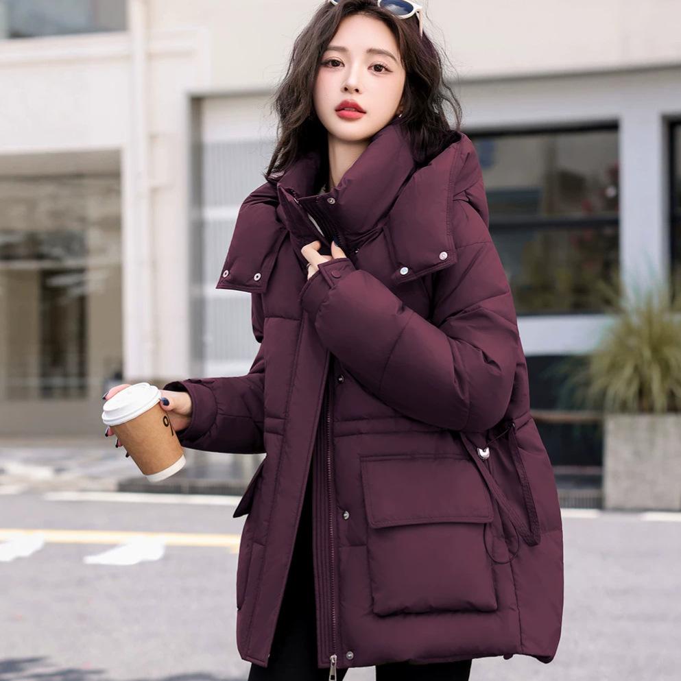 Waist hooded cotton clothes women's new medium and long loose thickened warm student winter coat tide