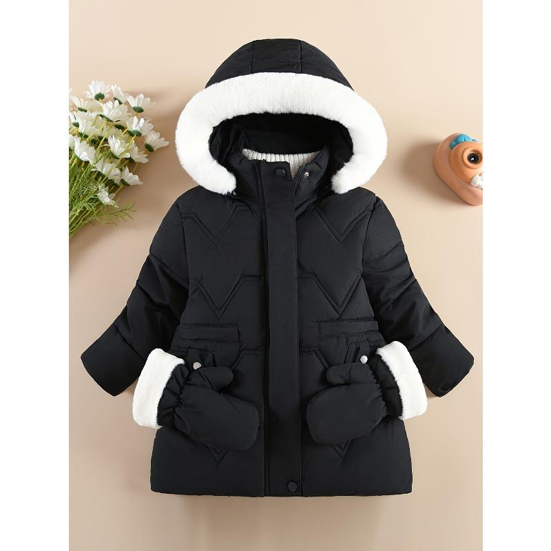 Girl'S Comfy Solid Color Long Sleeves Warm Hooded with Pockets & Gloves, Trendy Versatile Zip-Up Coat for Outdoors, Fall And Winter Best Choice