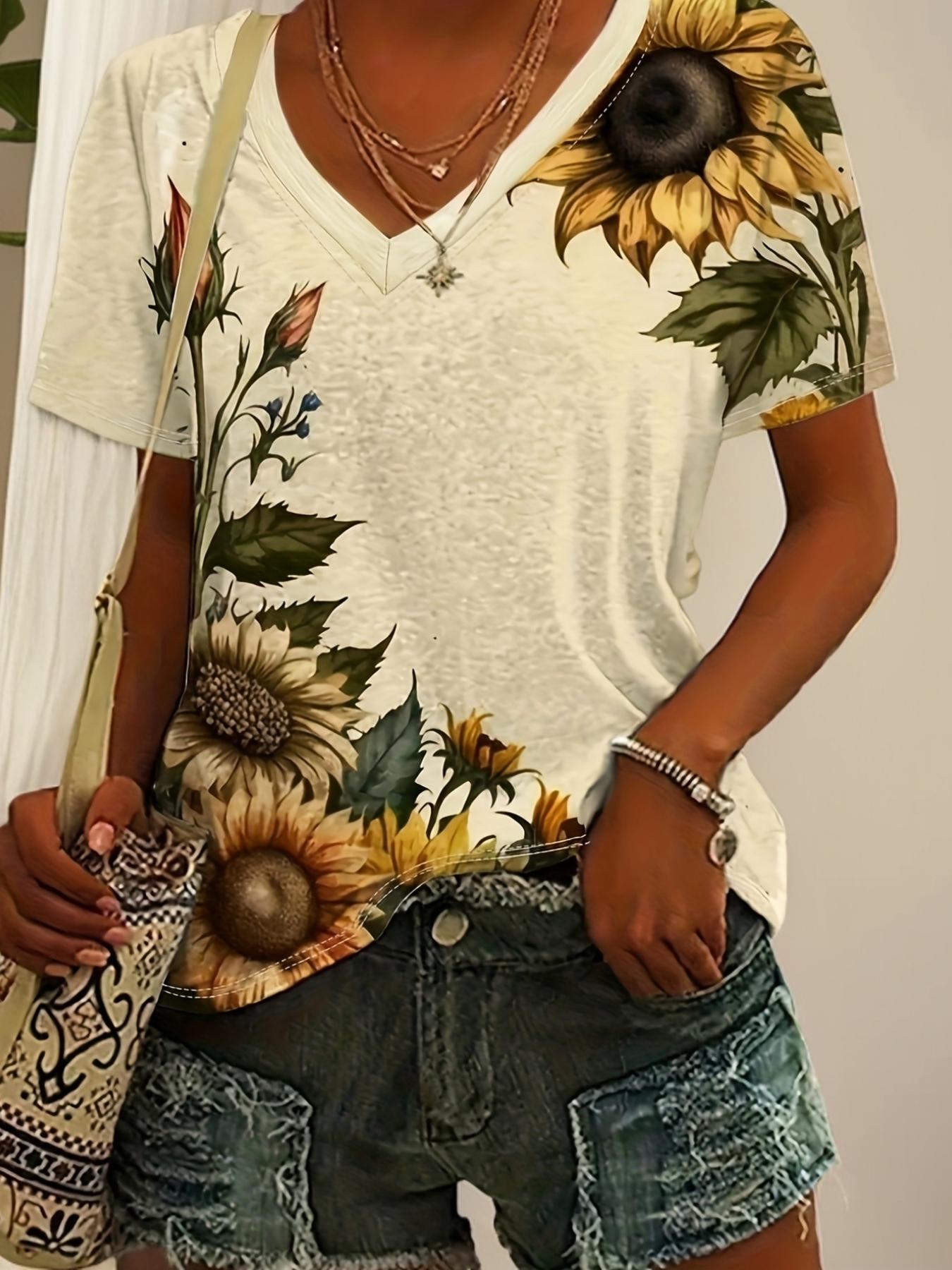 

Large size sunflower print T-shirt, casual short-sleeved V-neck top spring and summer, women s plus size clothing 5XL