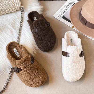 High Quality Lamb Fur Slippers Women Round Toe Buckle Belt Plush Pantuflas Female Cork Winter Slides Shoes Woman Furry Slippers