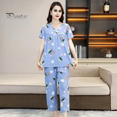 Women's Cotton Pajamas Set Short Sleeve Top Long Pants Casual Two-Piece Sleepwear Set Summer Plus Size Thin Loungewear for Elderly Mom