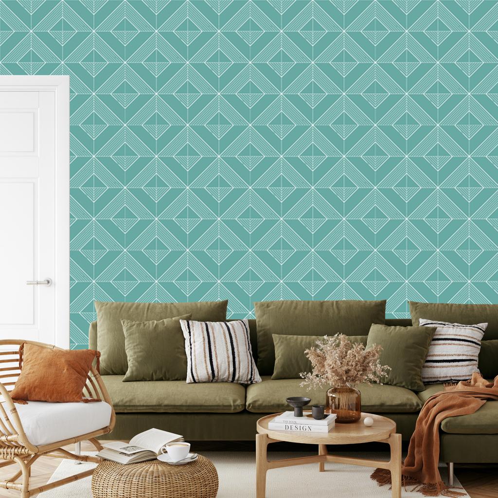 Geometric Rhombus Wallpaper In Teal and Turquoise for the Living Room and Bedroom 50x1000