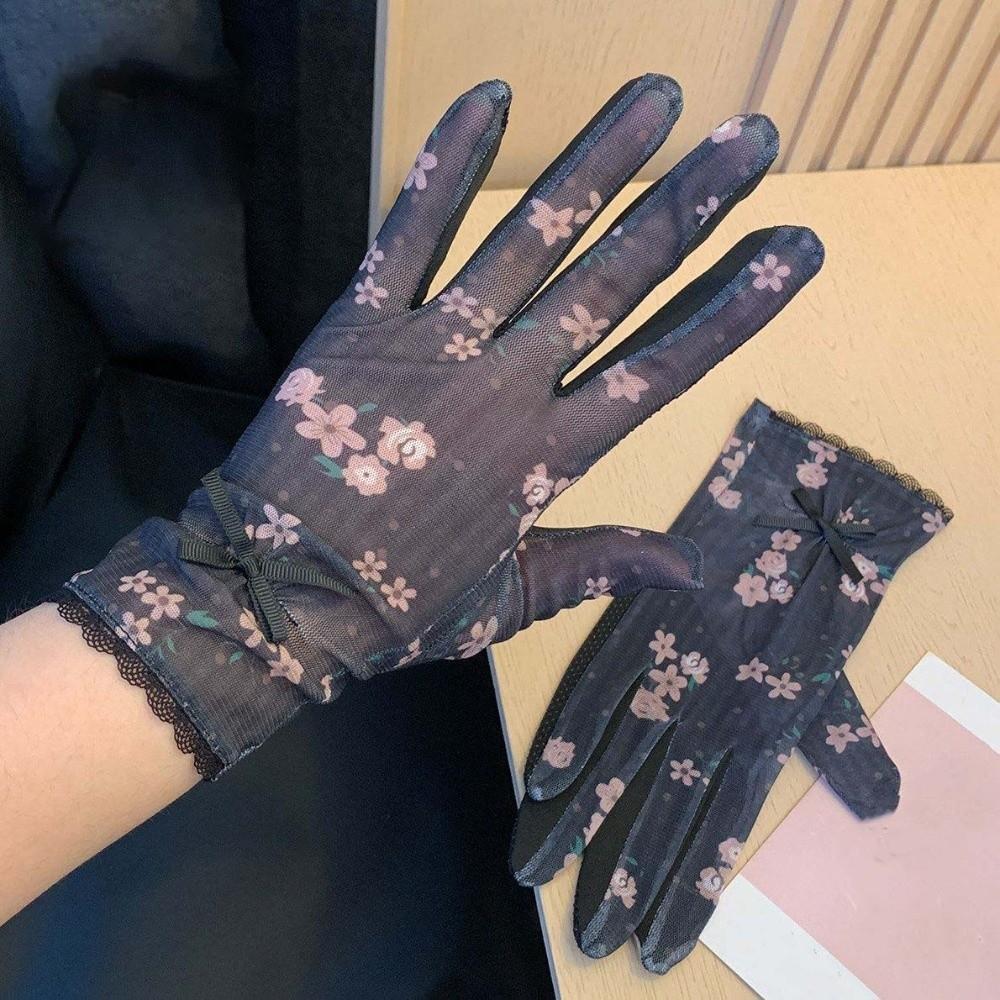 

1 Pair Breathable Sunscreen Gloves Quick Dry Silicone Anti Slip Lace Mesh Gloves Floral Printed Thin Summer Driving Mittens чёрный