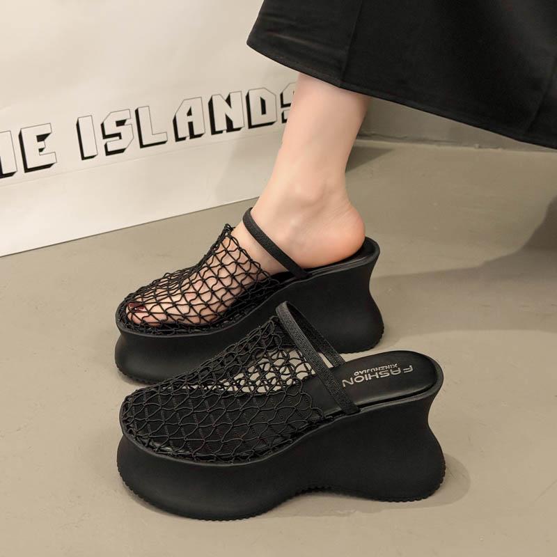 2025 summer new design mesh hollow breathable bag head half slippers women's thick bottom Roman muffin cool slippers