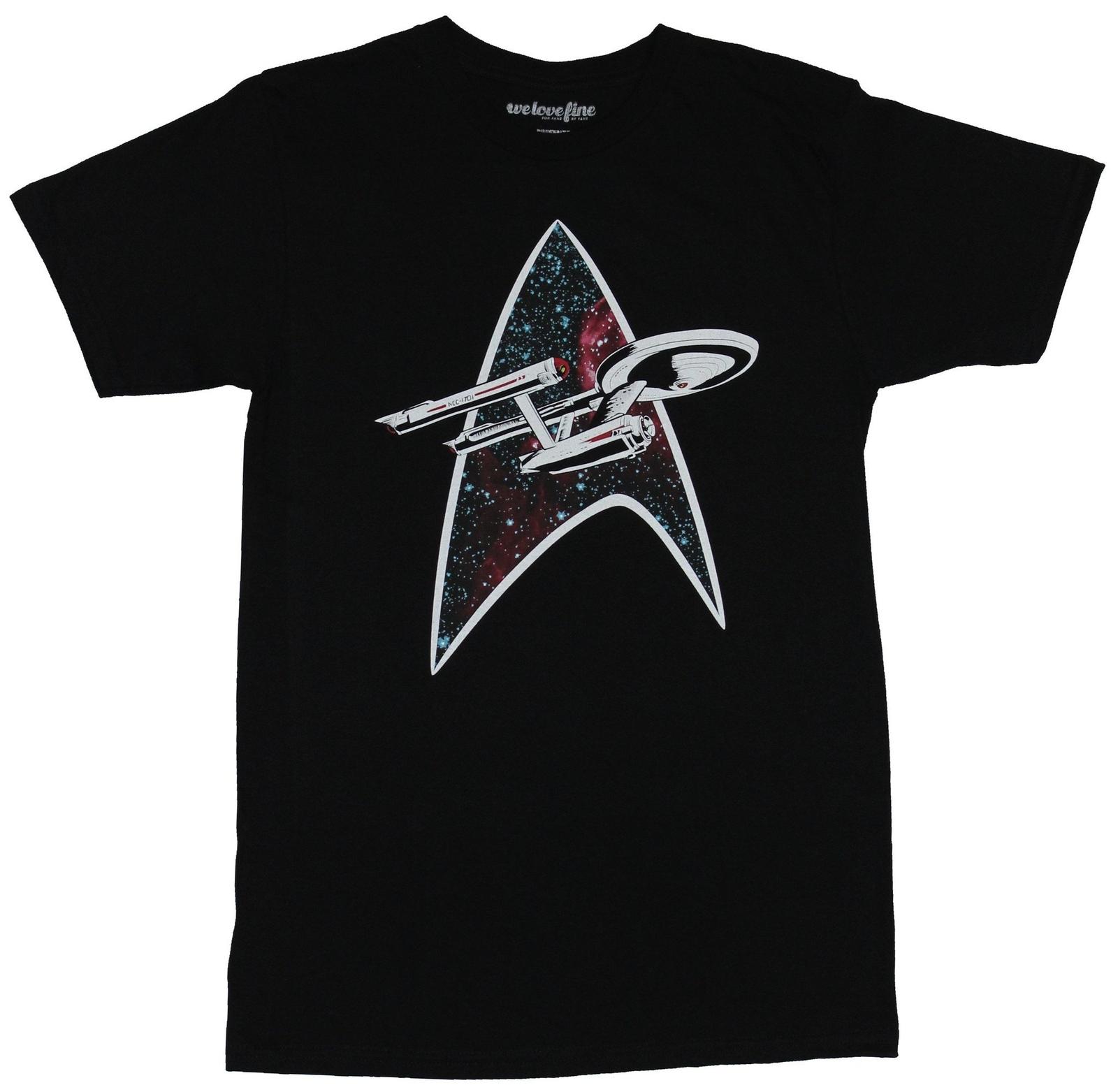 Star Trek Mens T-Shirt - Enterprise Flying through Space Filed Starfleet Logo S
