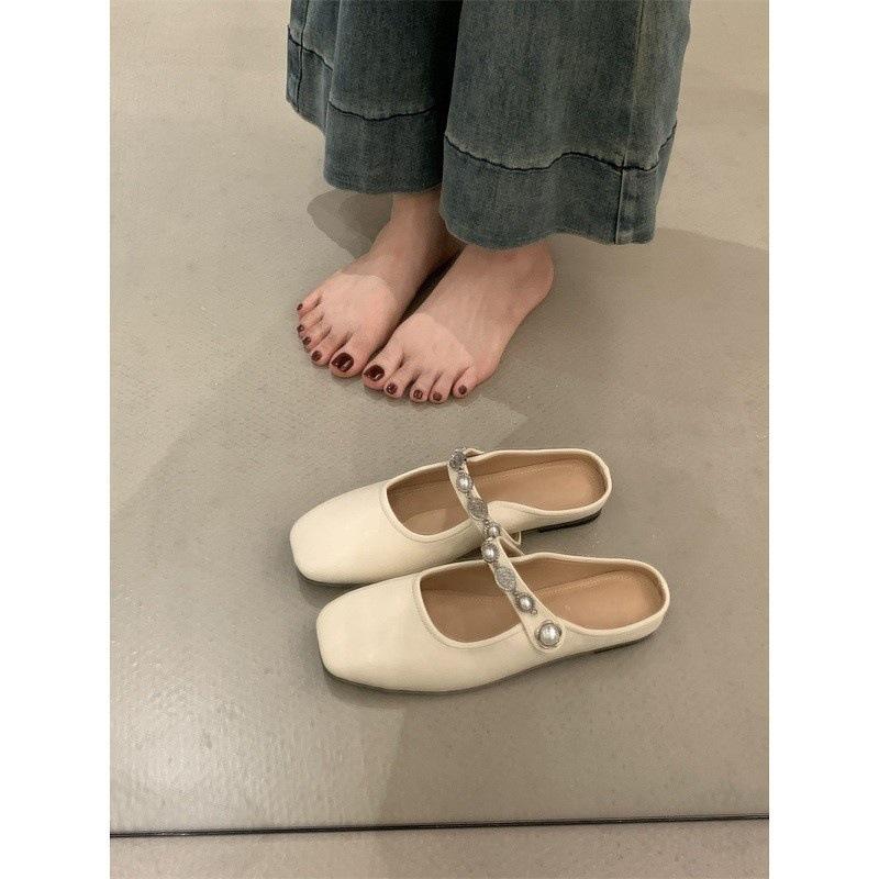Baotou half slippers women's 2025 summer new outer sandals silver French one-word inner height increase heel light mouth single shoes