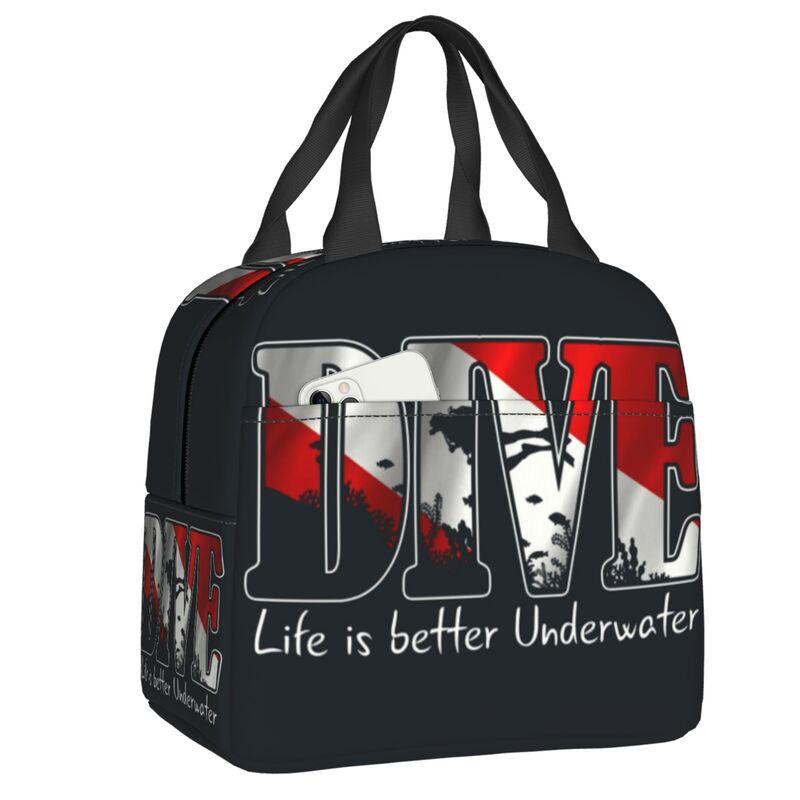 Scuba Dive Flag Bubble Red White Portable Lunch Box for Diving Thermal Cooler Food Insulated Lunch Bag School Children Student