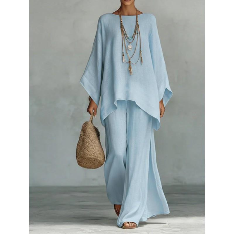 Womens Elegant Loose Fit Solid Color Linen Blend Shirt Wide Leg Pants Set 2026