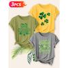 Three-piece set Elegant short-sleeved shirt for women St. Patrick's Day Clover Print Round Neck Women's T Shirt Suitable for spring