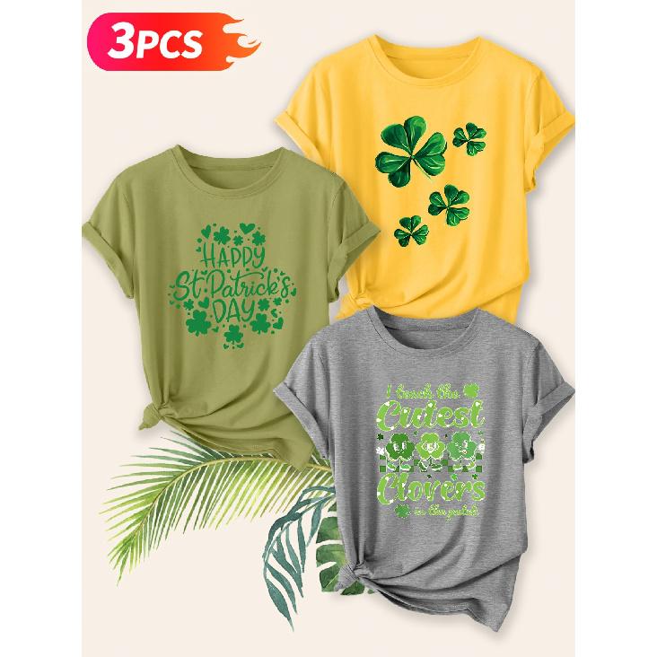 Three-piece set Elegant short-sleeved shirt for women St. Patrick's Day Clover Print Round Neck Women's T Shirt Suitable for spring