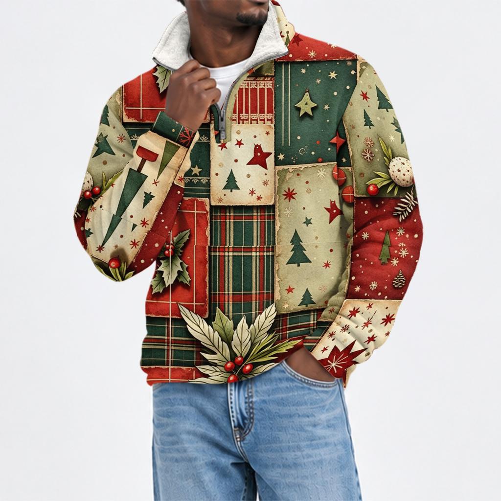 Herren Flanell Sweatshirt mit Stehkragen und Weihnachtsdruck für Freizeitkleidung an den Feiertagen